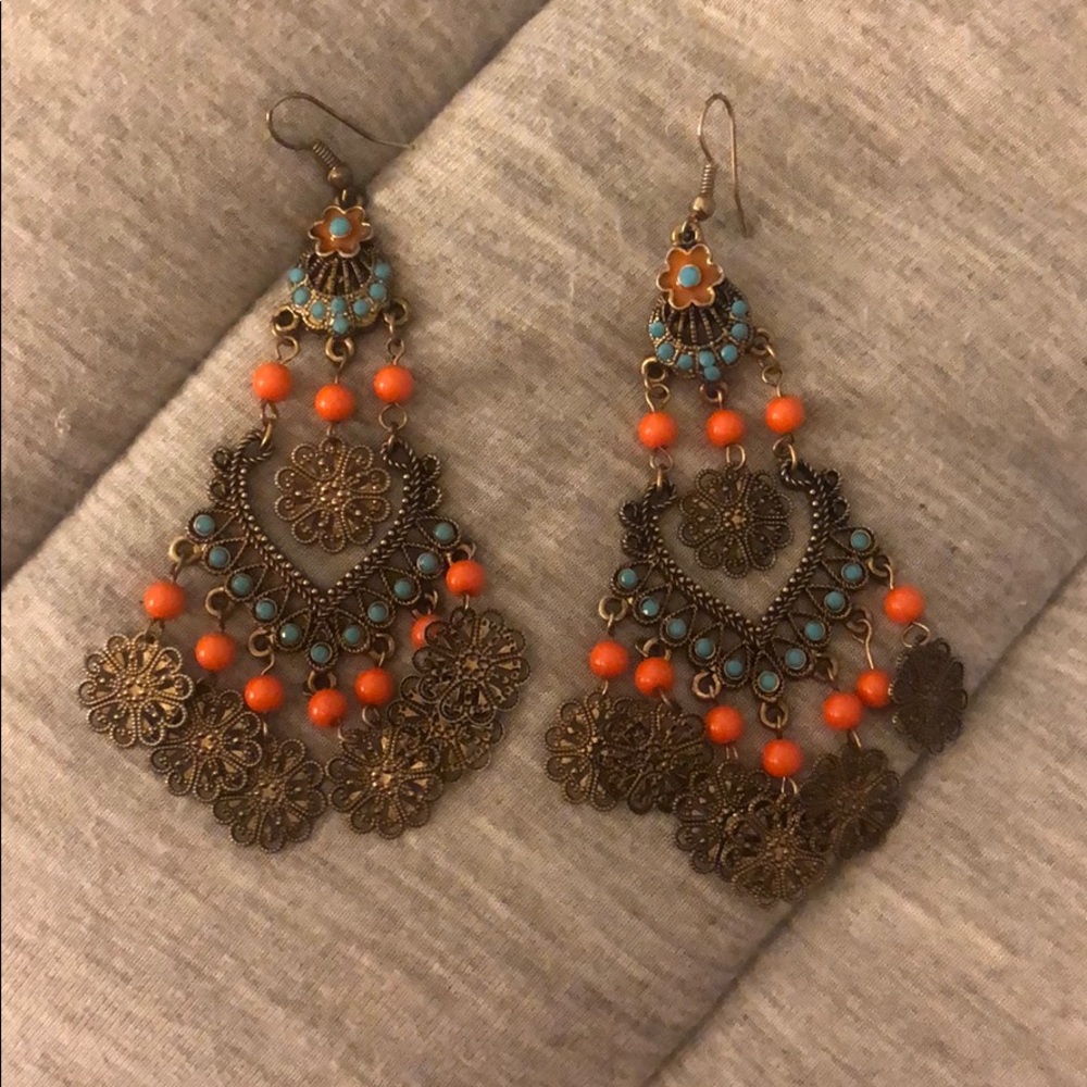 Turquoise & Orange Chandelier Earrings
